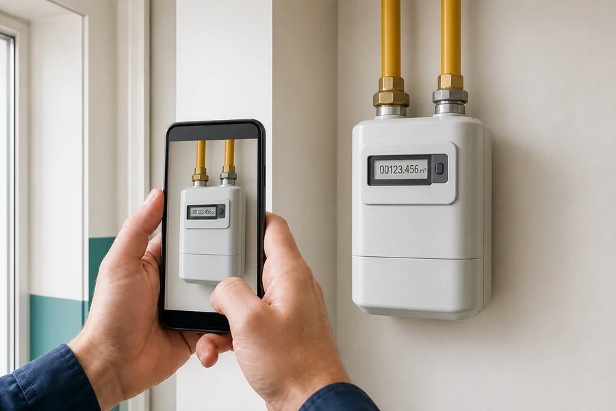 Ein Gaszähler wird bei der Wohnungsübergabe mit dem Smartphone fotografiert.
