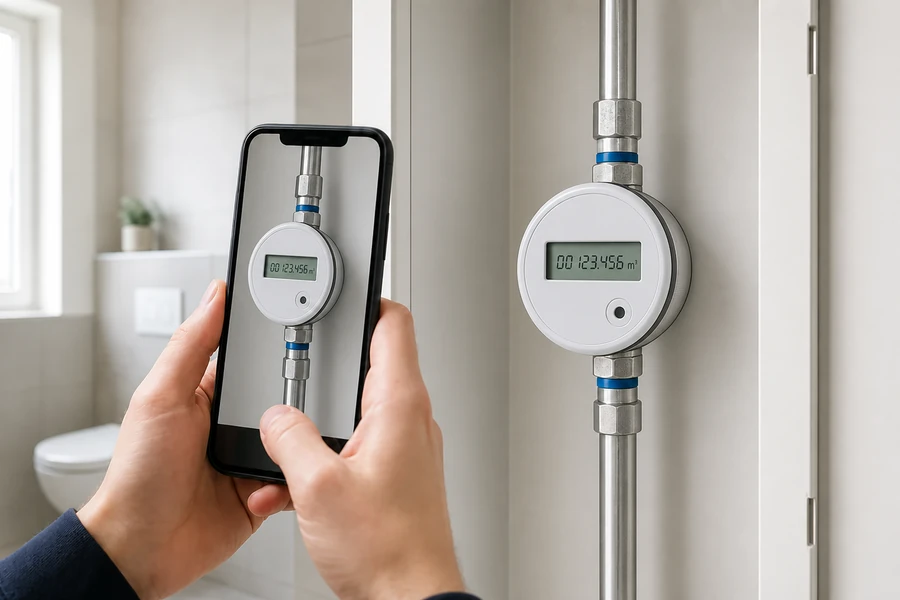 Ein Wasserzähler wird bei der Wohnungsübergabe mit dem Smartphone fotografiert.