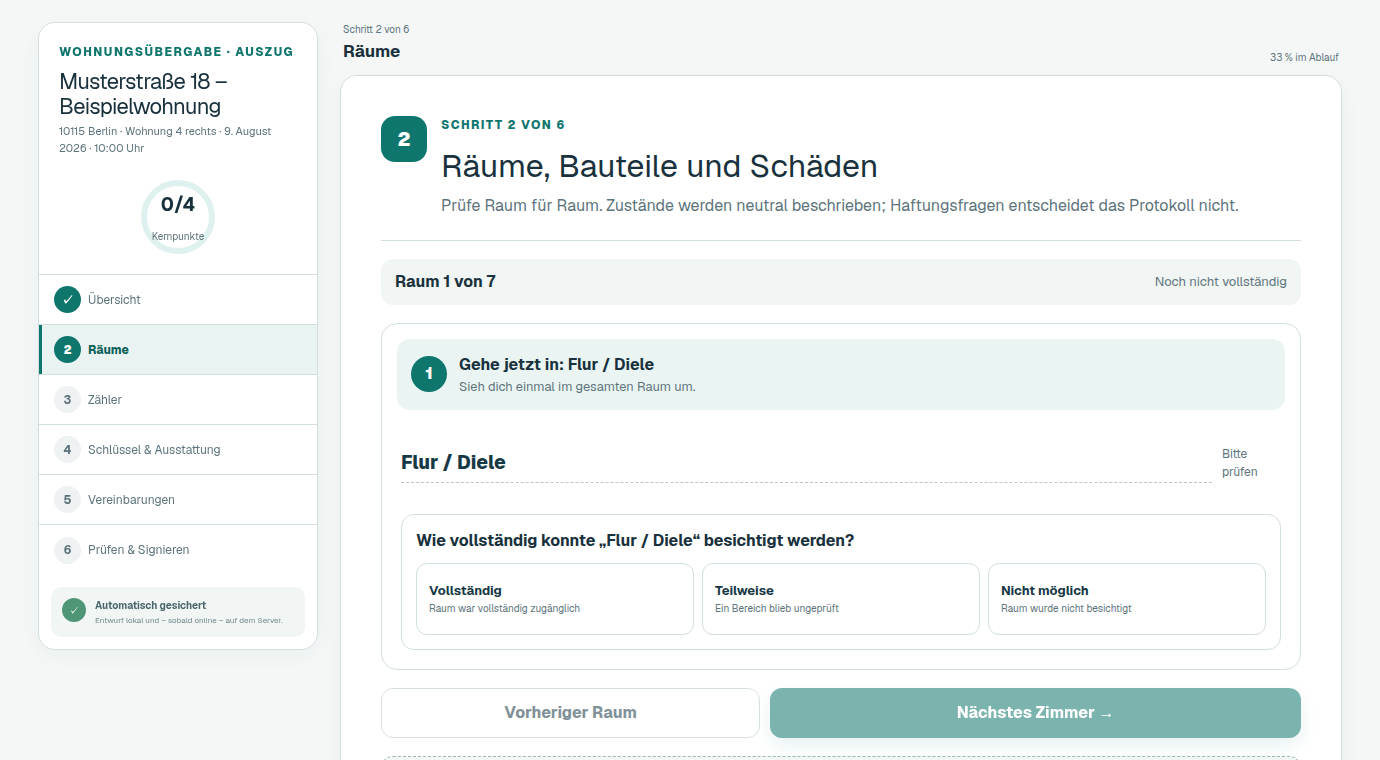ÜbergabeSicher Protokoll-Assistent im Schritt Räume, Bauteile und Schäden